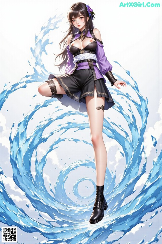 A woman in a purple top and black shorts standing on a wave.
