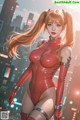 A woman in a red latex outfit standing in front of a city.