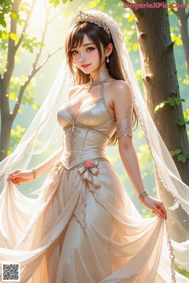 A woman in a wedding dress standing in the woods.