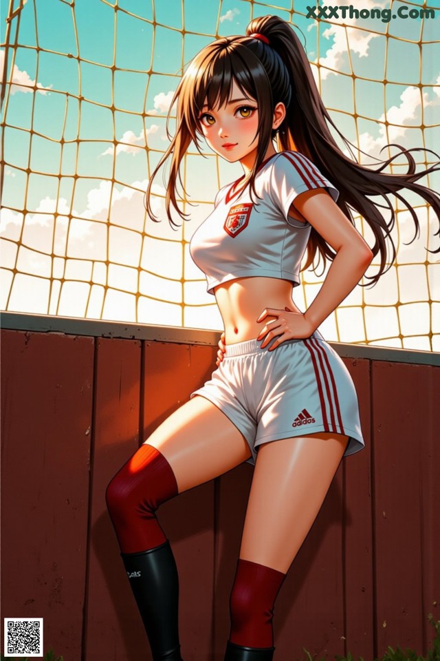A woman in a soccer uniform leaning against a fence.