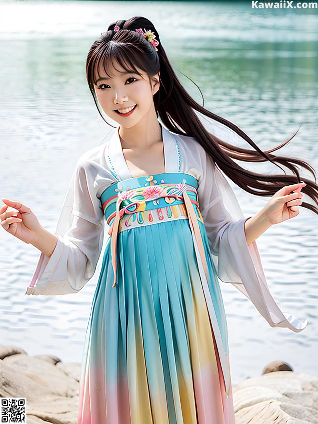 A woman in a colorful dress standing by the water.