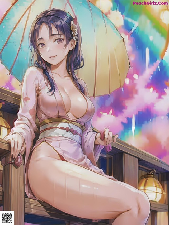 A woman sitting on a bench holding an umbrella.