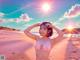 A woman in a pink bikini standing on a beach.