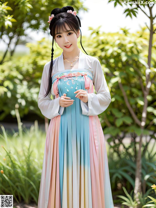 A woman in a blue and pink dress standing in a garden.